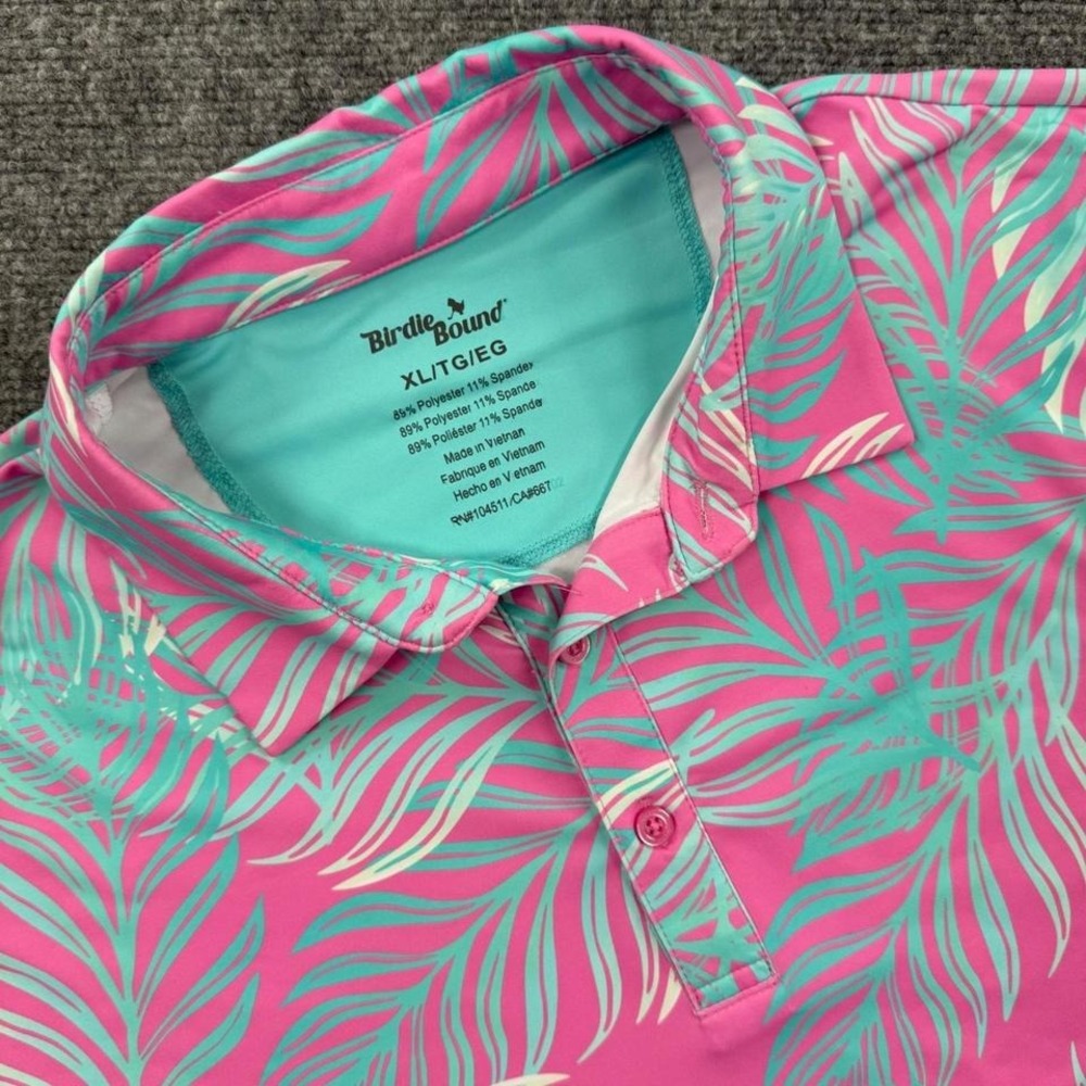 Birdie Bound Golf Polo Size XL Pink Teal Tropical Palm Leaf Short Sleeve Men's